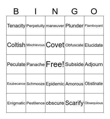 English Vocab Words Bingo Card