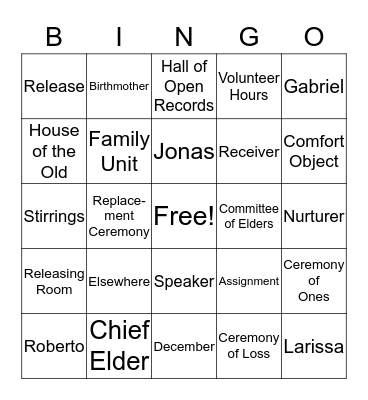 The Giver Bingo Card