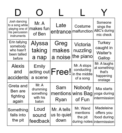 Hello Dolly Pit Bingo Card