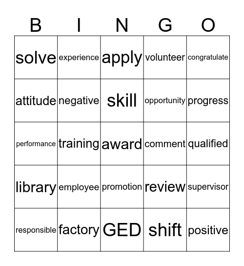 I Want a Good Job! Bingo Card
