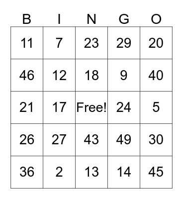 Number Bingo Card