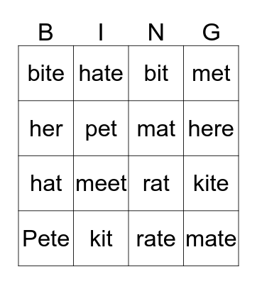 Short a Long a Short e Long e Short i Long i Bingo Card