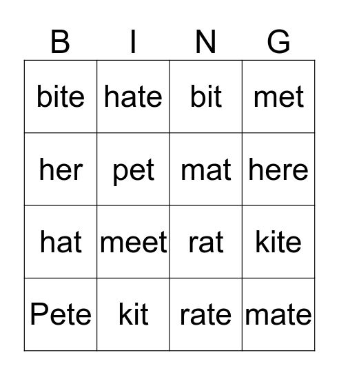 Short a Long a Short e Long e Short i Long i Bingo Card