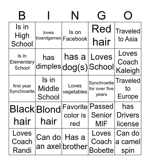 Synchroettes Black Out Bingo Card