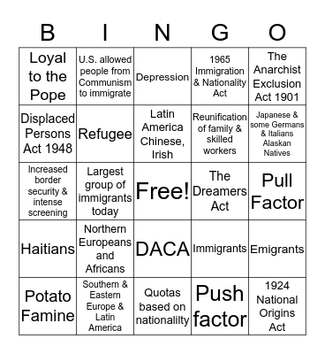 Immigration Bingo Card