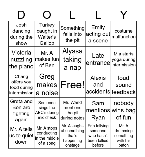 Hello Dolly Pit Bingo Card