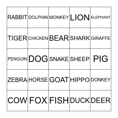 NEW ANIMALS Bingo Card