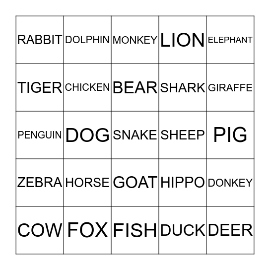 NEW ANIMALS Bingo Card
