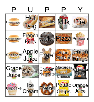 French Bulldog Foods Bingo Card