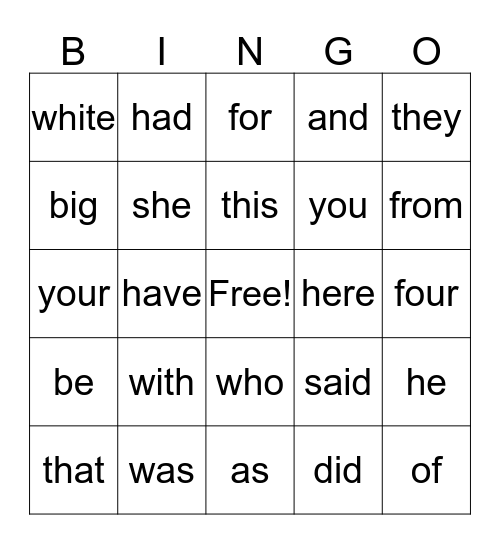Sight Words 1 Bingo Card