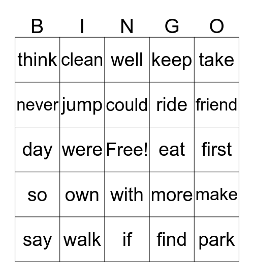 Snap Words Level C Bingo Card
