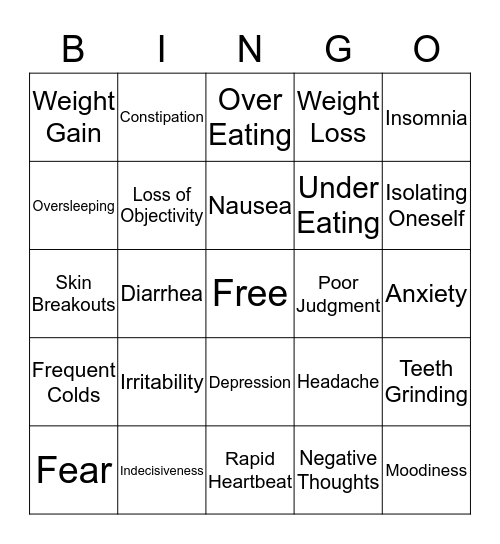 Signs of Stress Bingo Card