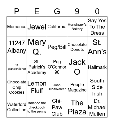 Peg O is 9-0 Bingo Card