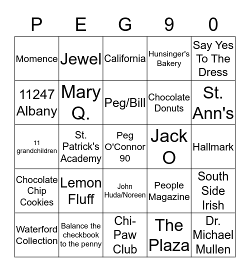 Peg O is 9-0 Bingo Card