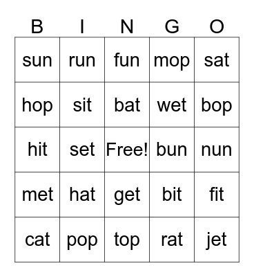 CVC Words Bingo Card