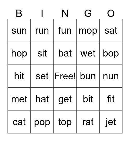 CVC Words Bingo Card