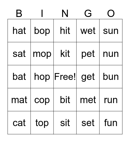 CVC Words Bingo Card