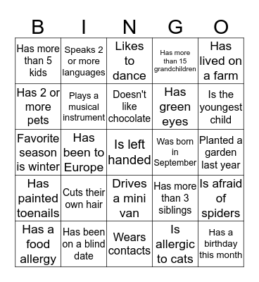 Mingle BLACKOUT Bingo Card
