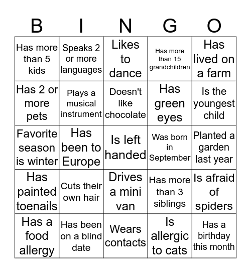 Mingle BLACKOUT Bingo Card