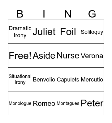 Romeo and Juliet  Bingo Card