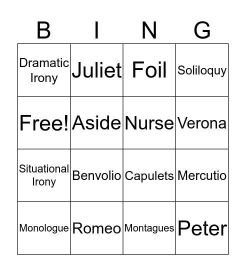 Romeo and Juliet  Bingo Card