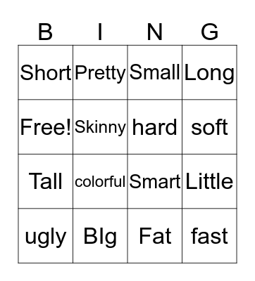 Adjectives Bingo Card