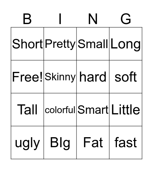 Adjectives Bingo Card