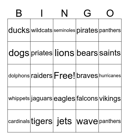 mascots Bingo Card