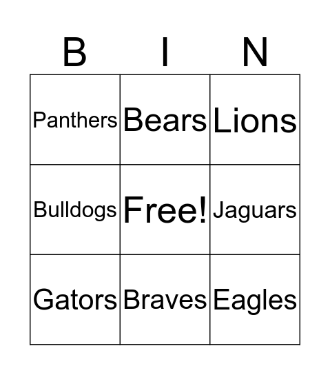 Mascots Bingo Card