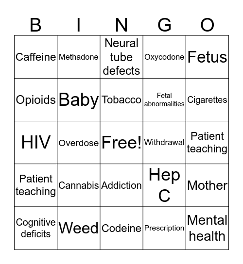 Maternal Substance Abuse Bingo Card