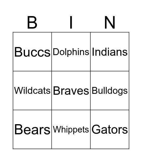 Mascots Bingo Card