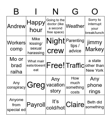 Lunch break bingo Card