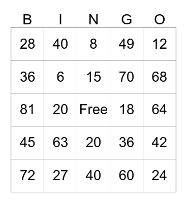 Multiplication Bingo Card