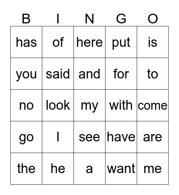 SIGHT WORDS Bingo Card