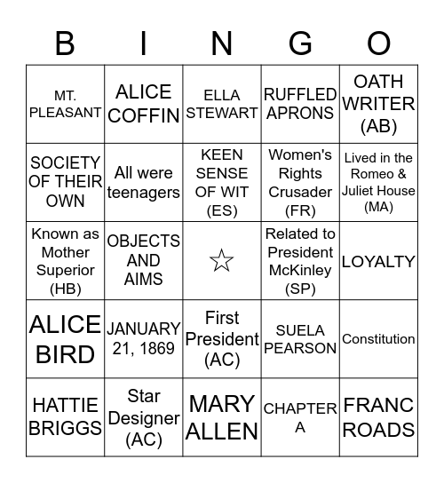 P.E.O. FOUNDERS BINGO Card