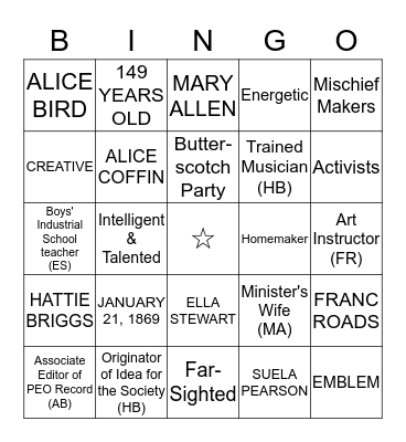 P.E.O. FOUNDERS BINGO Card
