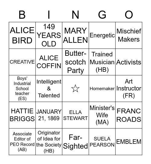 P.E.O. FOUNDERS BINGO Card