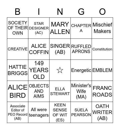 P.E.O. FOUNDERS BINGO Card