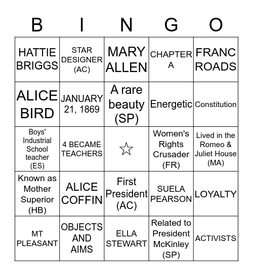 P.E.O. FOUNDERS BINGO Card