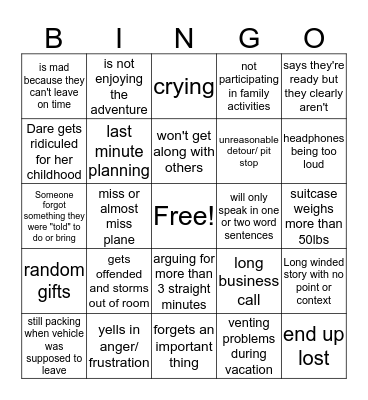 Johnson family bingo Card
