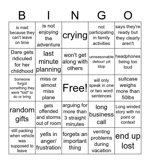 Johnson family bingo Card