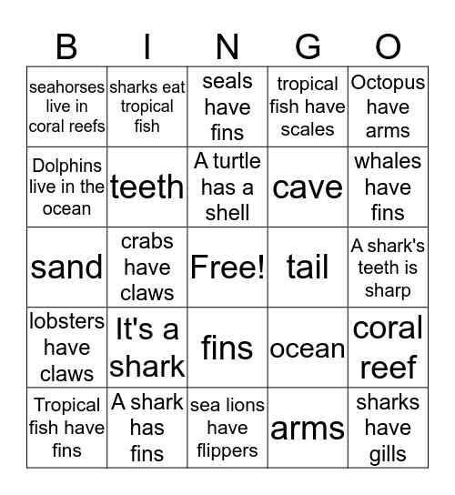 Sea Animal Bingo Card