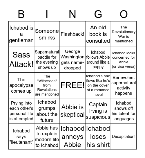 Sleepy Hollow Bingo Card