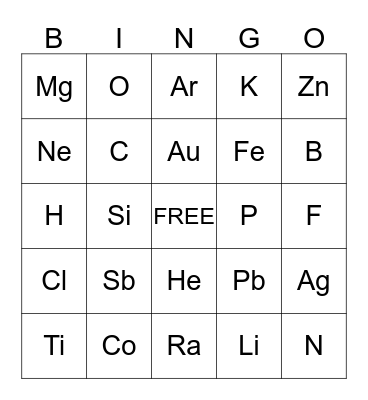 Periodic Table Symbols Bingo Card
