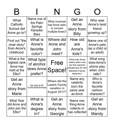 Anne's Birthday Bingo Card