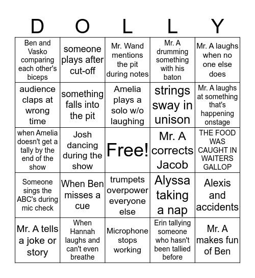 Hello Dolly Pit Bingo Card
