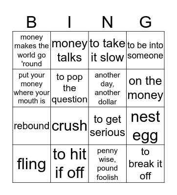 Love and Money Bingo Card