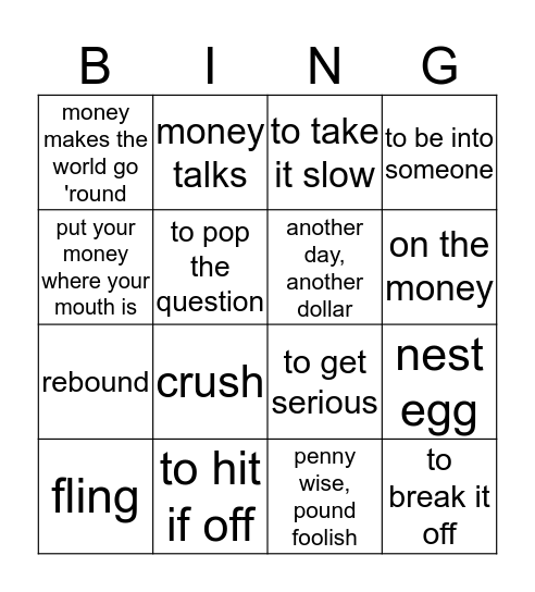 Love and Money Bingo Card