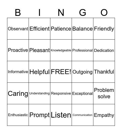 Excellent Customer Service Bingo Card