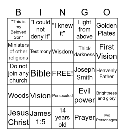 First Vision Bingo Card